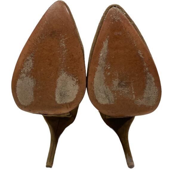 Rebecca Taylor suede ankle booties tan leather high heel, laser cut leopard cuff - Picture 6 of 10